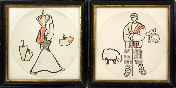 Coppia di tecniche miste su carta raffiguranti pastore e contadina, diametro cm. 15, firmati, entro cornici.
