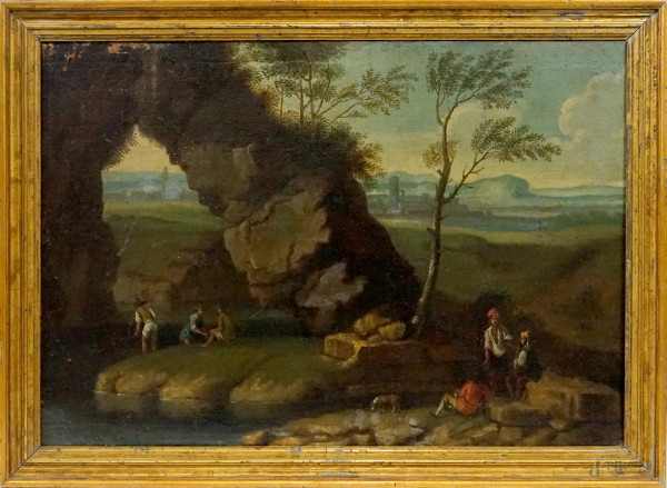 Pittore del XVIII secolo, Paesaggio fluviale con arco naturale e pescatori in riva, olio su tela, cm 62,5x89, entro cornice