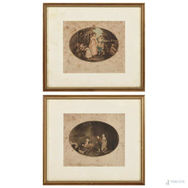 Coppia di incisioni raffiguranti "The Morning" e " La Tireuse de Cartes", XIX-XX secolo, cm 25,5x29,5 compreso passepartout, entro cornice, (foxing, gore, tracce di umidità, bruniture, difetti)