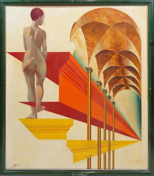 Bruno Bruni, L'enigma di sempre, olio su tela, firmato in basso a sinistra, cm 120x100, entro cor...