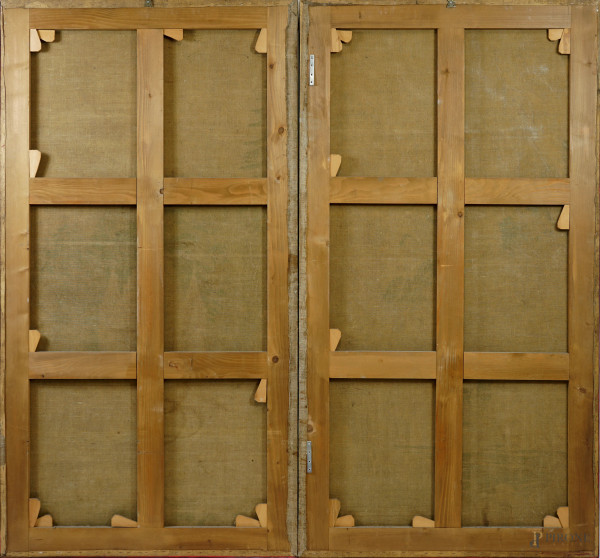 Scena cavalleresca, tempera su carta applicata su tela, XX secolo, cm 97,3x183