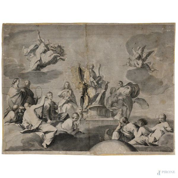 Incisione rifilata e applicata su cartoncino raffigurante Scena Allegorica da Andrea Sacchi, XVIII secolo, cm (segni di usura, tracce di umidità, gore, foxing, lacerazioni della carta, tracce di piegatura, rotture, restauri)