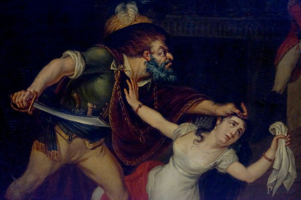 Delitto incompiuto, sec.XIX, olio su tela, cm 90x72,5, retro: iscritto "Lacroix". Entro cornice. ...