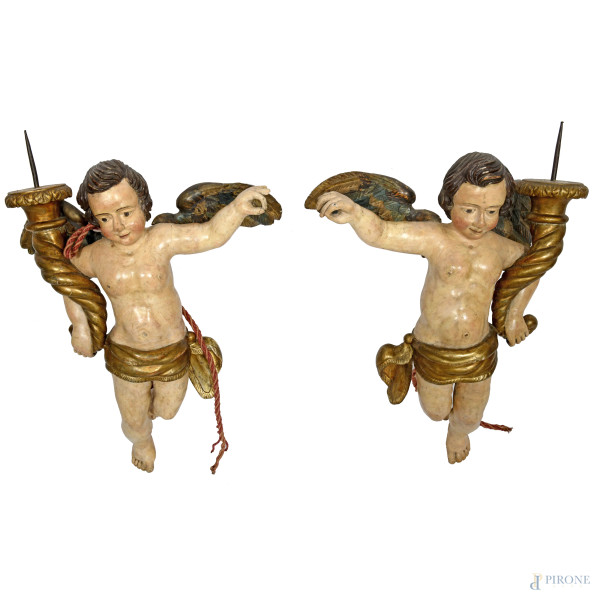 Coppia di angeli portacero in legno dipinto e dorato, XVIII secolo, altezza cm 84, (segni di usur...