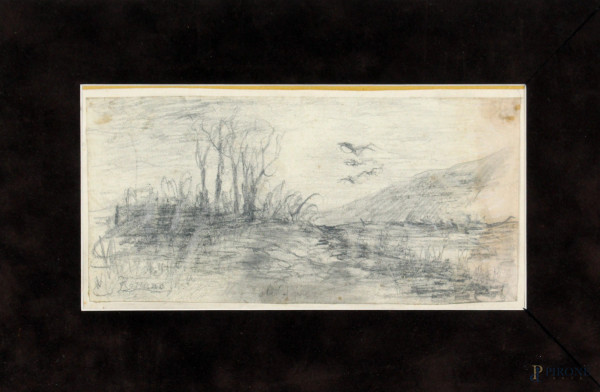 Paesaggio, matita su carta, cm. 11x23, firmato.
