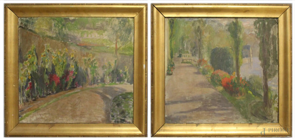 Coppia di dipinti raffiguranti scorci di parco, oli su tavola telata, cm 44 x 50, entro cornici.