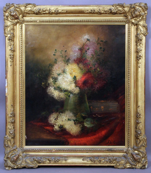 Vaso con fiori, olio su tela, cm. 65x54, firmato, entro cornice.