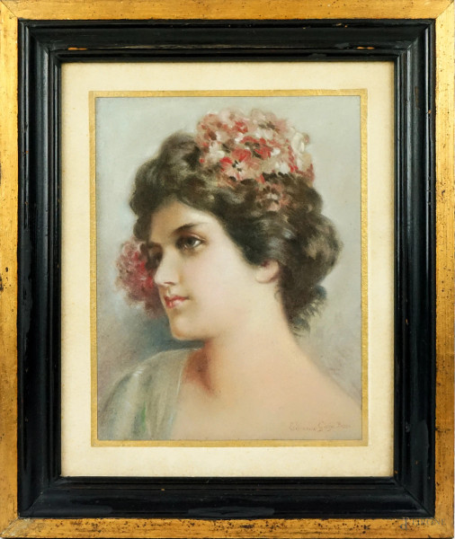 Ritratto di ragazza, pastello su carta, cm 28x21,5,firmato Edoardo Gioja, entro cornice.