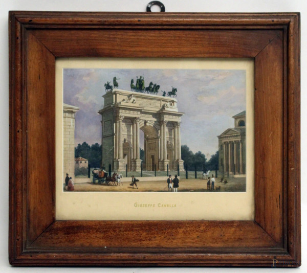 Arco di Milano, antica stampa su carta, ritoccata a mano, cm. 15x23, recante firma Canella, entro cornice.