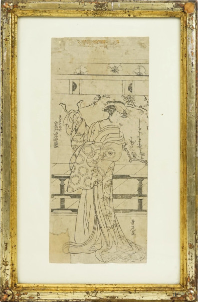 Utagawa  Kunisada - L’attore Iwai Hanshiro travestito da gheisha, xilografia a colori,  cm 30,5x13, Giappone, entro cornice, (difetti).