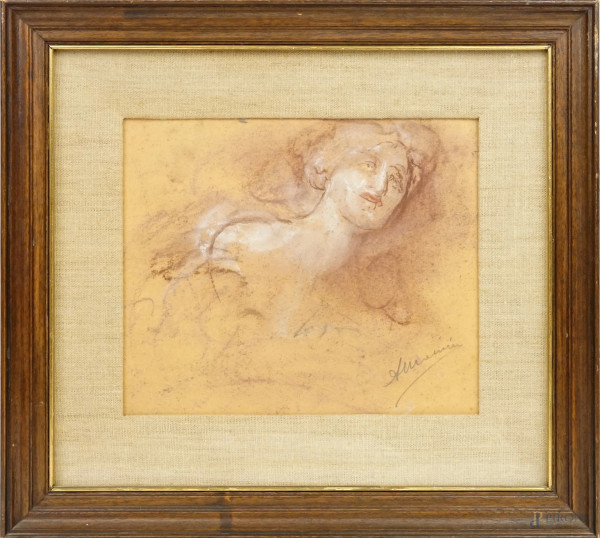 Ritratto di donna, bozzetto a sanguigna su cartoncino, cm 24x29, firmato, entro cornice