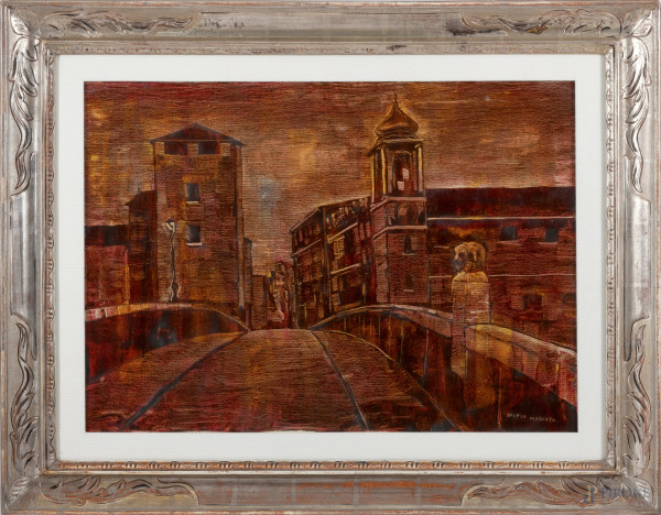 Scipio Moscato (XX), Sul ponte, tempera su tela, 59x68 entro cornice, (difetti)