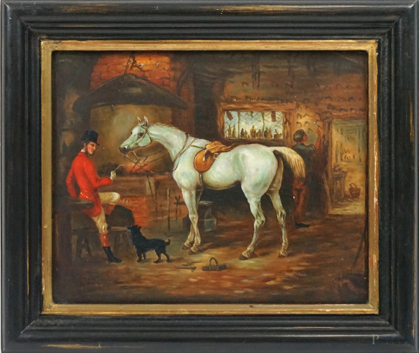 Interno con fantino e cavallo, olio su tela, cm 20x25, fine XIX secolo, entro cornice.