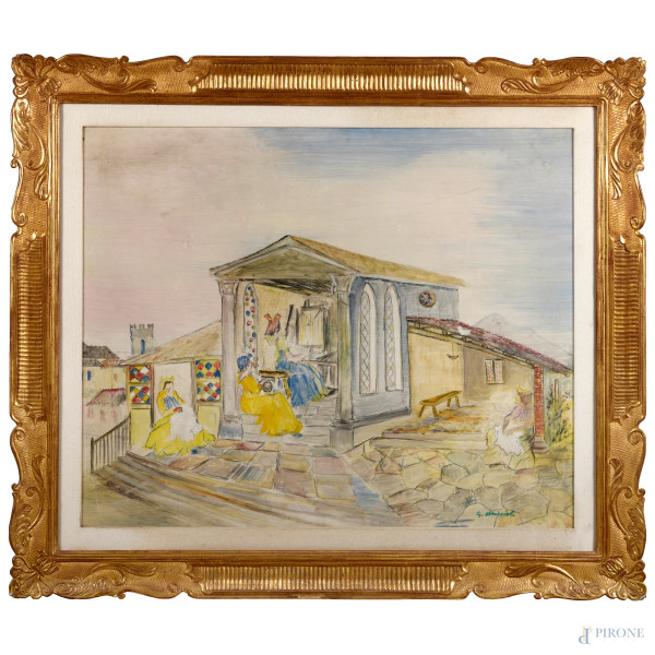 Giovanni Omiccioli (1901 - 1975), Le cucitrici , tecnica mista su compensato, firmato in basso a destra, firmato e datato al retro "1954", cm 87,5x107,5, entro cornice