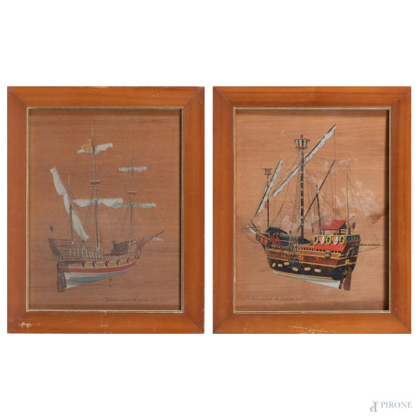 Coppia di stampe su legno raffiguranti velieri, XX secolo, cm 43x33, entro cornice, (segni di usura, difetti)
