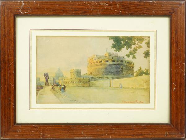 Stefano Donadoni (Somasca, 1844 - Roma, 1911), Castel Sant'Angelo, acquerello su carta, firmato e iscritto "Roma" in basso a destra, cm 16x26,5, entro cornice