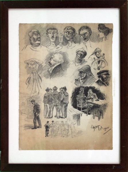 Studi di ritratti di marinai, tecnica mista su carta, firmato e datato 1900, cm 31 x 23,5, entro cornice.