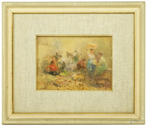 Mercato, olio su tavoletta, cm 14x18,5, firmato V.White, entro cornice.