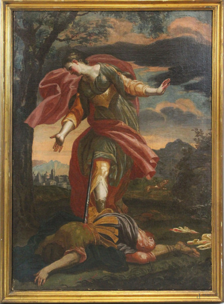 Attr. a G.B.Zelotti (Verona, 1526 - Mantova, 1578), Piramo e Tisbe, tempera su tela, cm 133x94, entro cornice.