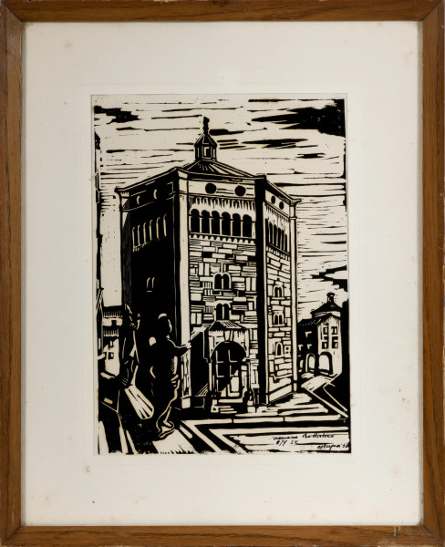 Battistero di Firenze, stampa materica esemplare 5/7 IE, firmato e datato 56 in basso a destra, XX secolo, cm 31x21 entro cornice