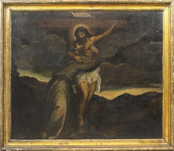 Pittore del XVII secolo, San Francesco che abbraccia Cristo crocefisso, olio su tela, cm 91x106, entro cornice.