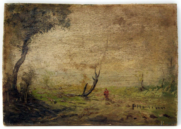 Paesaggio con figura, olio su tavola, cm 13x18, firmato.
