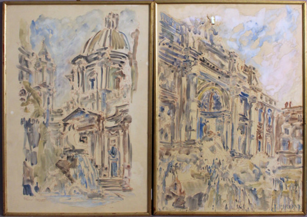 Coppia di Scorci di Roma, acquarelli su carta, cm 70 x 50, entro cornici.