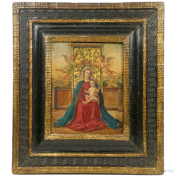 Madonna in trono con il Bambino e due angeli, fine XIX secolo, olio su tavoletta, cm 24,5x20, entro cornice