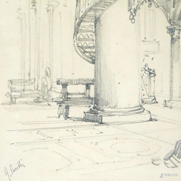 Inerno di cattedrale con figure, disegno a matita su carta, cm 10,5x11,5, firmato G. Carelli