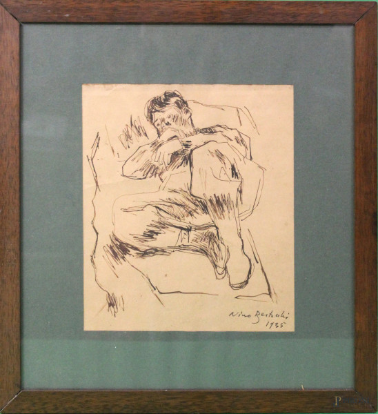 Bartocchi, Ragazzo seduto, china su carta, cm 27 x 23, entro cornice.
