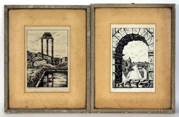 Coppia di multipli su carta raffiguranti il "Foro romano" e "Roma-Via dell'Impero", cm.26,5x17,5, XX secolo, entro cornici.