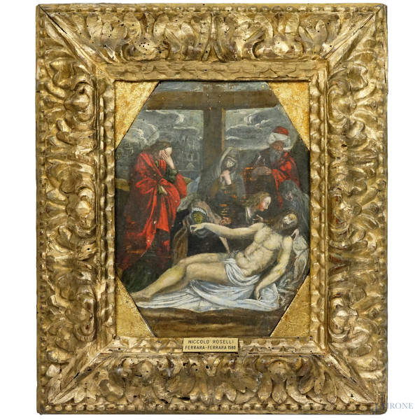 Deposizione di Cristo, antico dipinto ad olio su tavola, cm 25x20, entro cornice, (difetti)