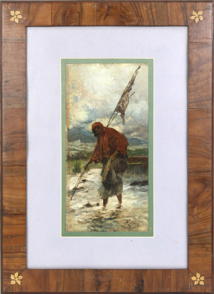 Pescatrice di fiume, olio su tela applicata su tavola, cm. 32,5x17, a firma B. Giuliano (1825-1909), entro cornice.