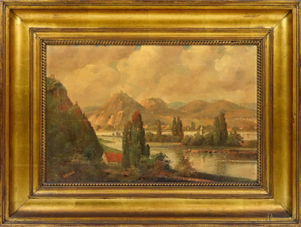 Paesaggio fluviale con case e montagne, olio su tela, firmato, cm 34x52,5, entro cornice