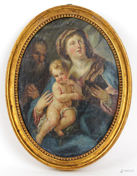 Pittore del XVIII secolo, Sacra famiglia, olio su tela applicata su cartone, cm. 23,5x17,5, ad assetto ovale, entro cornice.