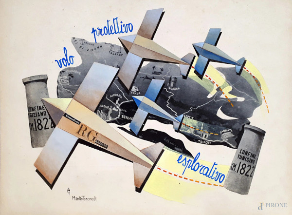 Manlio Tancredi - (XX sec.), Aeropittura - Aerei in volo protettivo esplorativo, tecnica mista su carta, cm 23x32, firmato, in cornice.