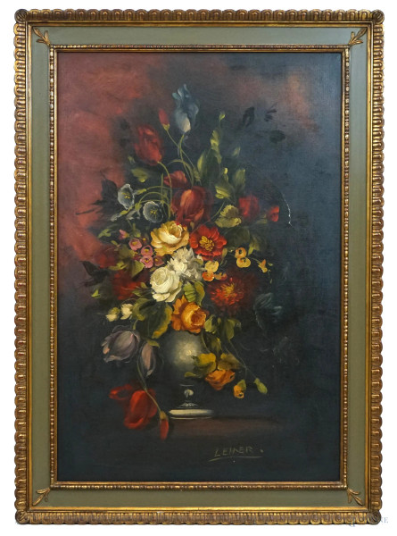 Vaso con fiori, olio su tela, cm 90x60, firmato, entro cornice.
