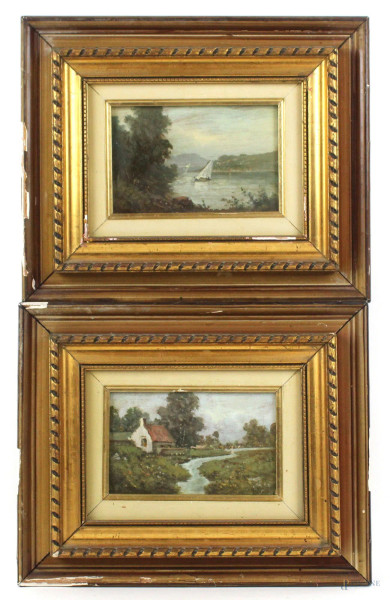 Lotto di due dipinti raffiguranti scorcio di lago e paesaggio con casolare, olio su tavola, cm 9x14, firmati, entro cornici