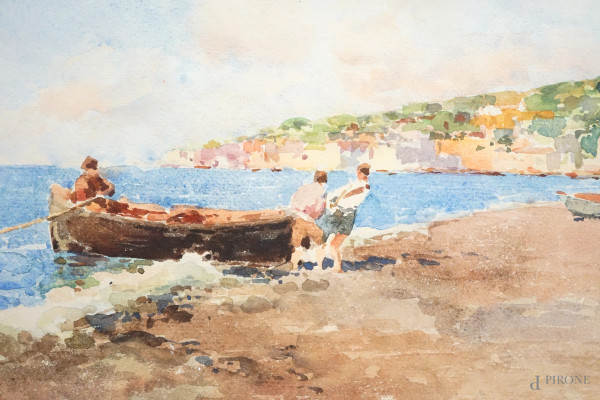 Lotto composto da cinque acquarelli su carta raffiguranti vedute del Golfo di Napoli e pescatori,...