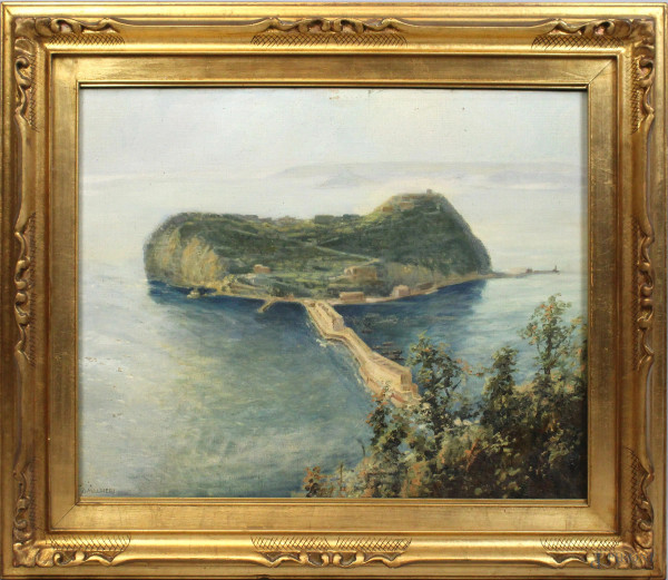 Arnaldo Malpieri - Isola di Nisida, olio su tela, cm 50x63, entro cornice