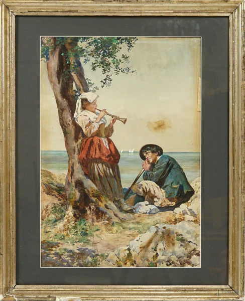 Enrico Nardi (1864-1947), Popolana con pastore, acquarello su carta, cm 55,5x38,5, entro cornice