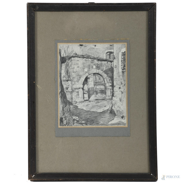 Vecchio casale, XX secolo, matita su carta applicata su carta, cm 16,5x13,5, entro cornice