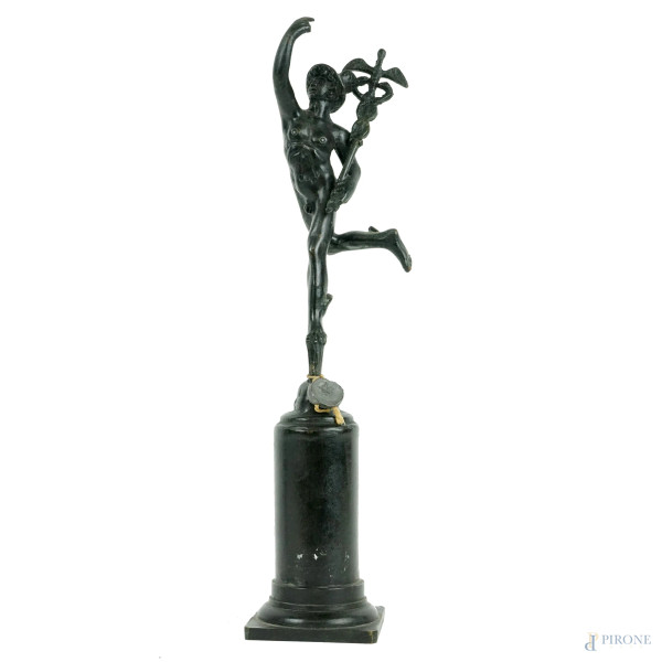 Mercurio, scultura in bronzo, cm h 26,5, XX secolo, (difetti).