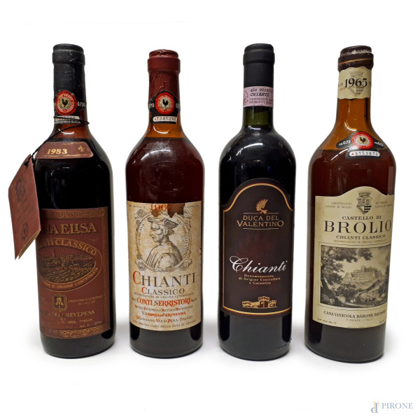 Lotto composto da quattro bottiglie di Chianti classico da 0,72 lt: Conti Serristori Antica Fattoria Niccolò Machiavelli vendemmia 1967; Castello di Brolio del barone Ricasoli vendemmia 1965; Vigna Elisa Castelli del Grevepesa vendemmia 1983; Duca del Val
