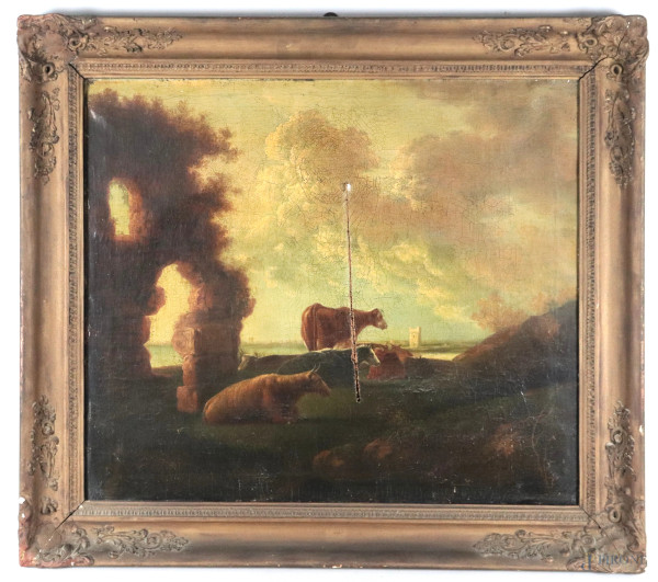Paesaggio con ruderi e armenti, XIX secolo, olio su tela, 62x72, entro cornice, (segni di usura, lacerazioni, craquelure, abrasioni, sollevamenti e cadute di colore, difetti)