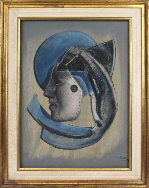 Mario Russo - Composizione con maschera, olio su tela, cm 50x40, entro cornice.