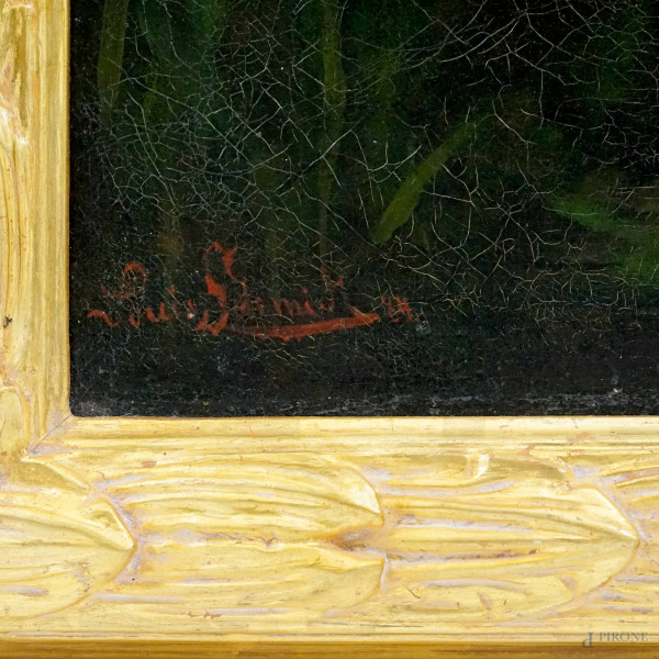 Giovane donna con fiori, olio su tela, cm 110x71, firmato in basso a sinistra e datato 1884, entr...
