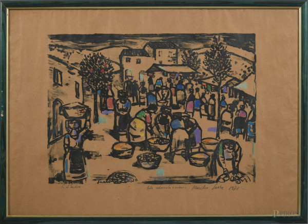 Manlio Sarra (1909-1986), Senza titolo, litografia P.A., cm 70x50, firmato in basso a destra, entro cornice, (ondulazioni del supporto)