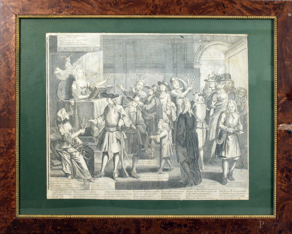 Le corna sono di tutti, incisione satirica francese del XVIII secolo, cm. 42x51, entro cornice.