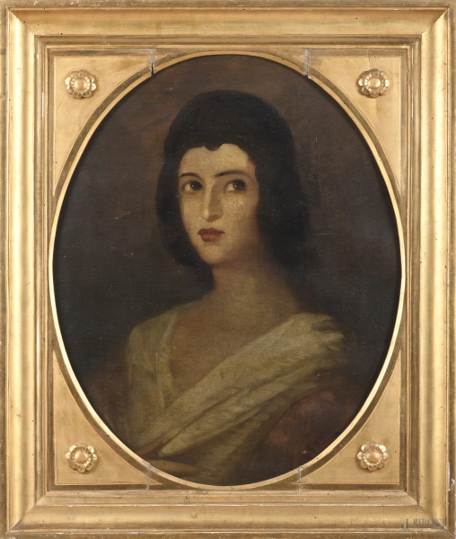 Ritratto di donna, XX secolo, olio su tavola, cm 76x60, entro cornice, (segni di usura, ondulazioni del supporto)